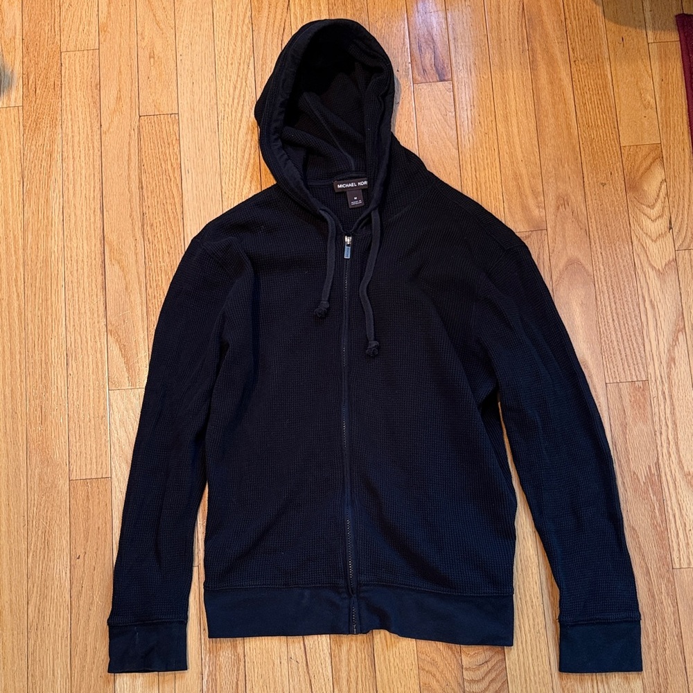 Michael Kors Men's Black Waffle Hooded Zip-Up Sweater